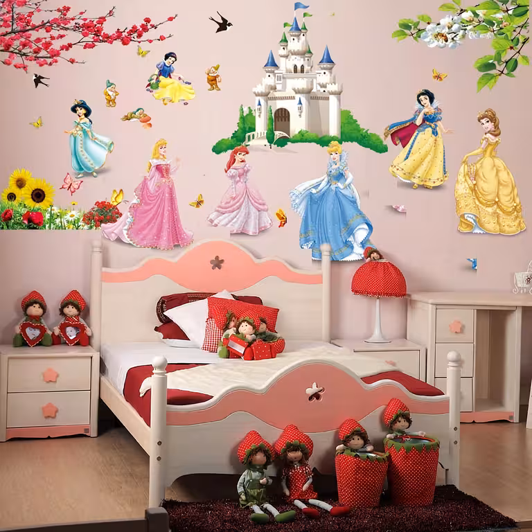 Sticker copii decorativ perete cu prințese Disney la castel – stickere colorate și ușor de aplicat