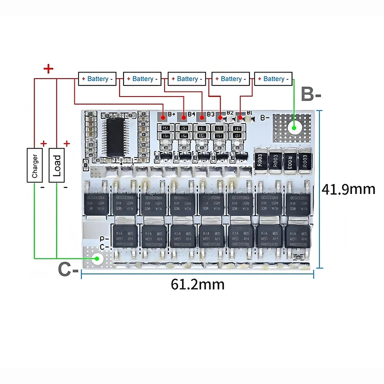 Schiță montaj modul BMS 5S 100A Diagrama conexiuni BMS 5S pentru configurarea corectă a celulelor Li-Ion