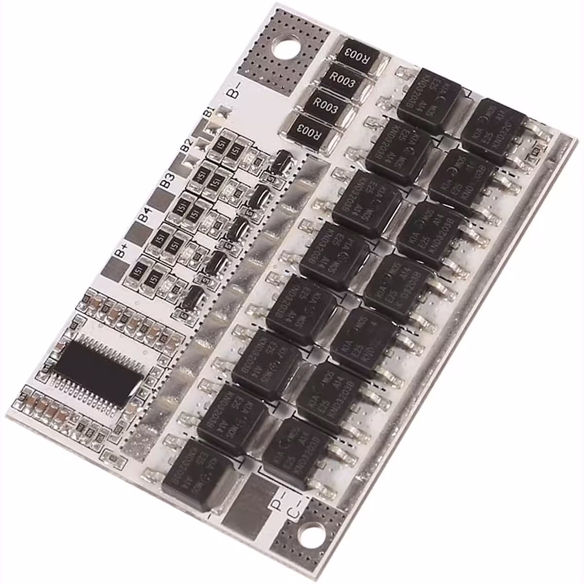 Imagine detaliată cu partea din față a plăcii BMS 5S 100A, unde se văd clar componentele electronice