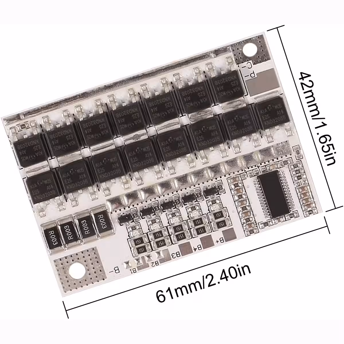 Măsurători exacte ale dimensiunilor modulului BMS (62x42x3.4 mm) pentru compatibilitate