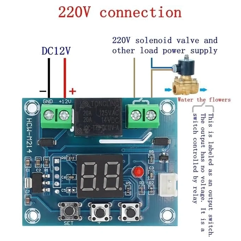 Conectare senzor umiditate la 220V Modul XH-M214 conectat la rețea de 220V pentru controlul electrovalvei