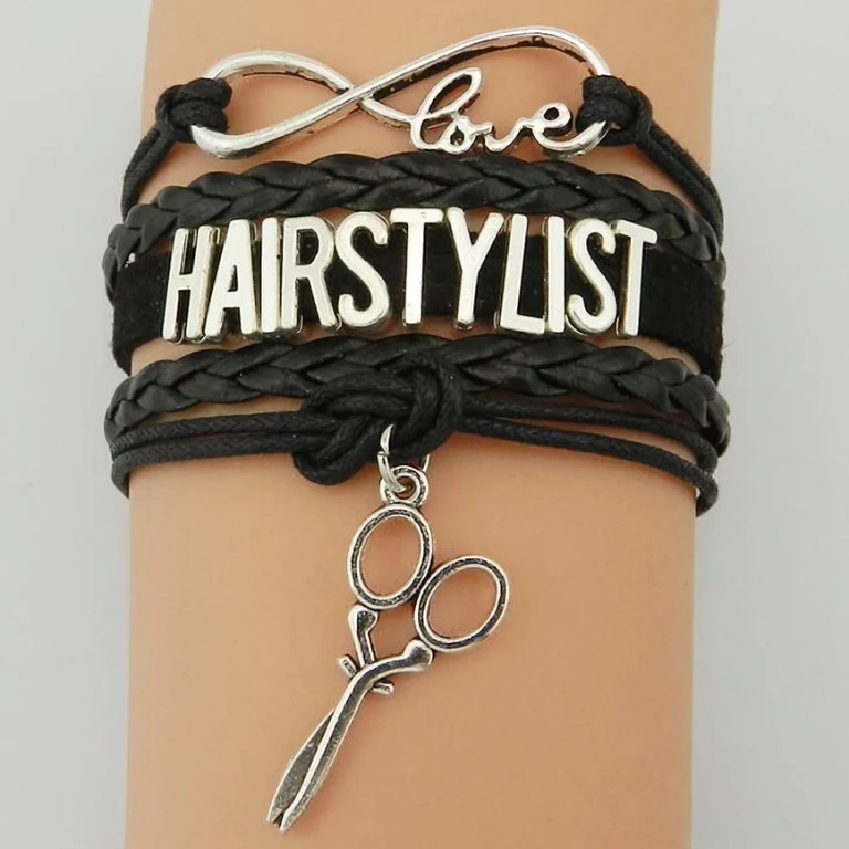 Accesoriu pentru hairstylist – brățară din piele Brățară fashion din piele neagră cu simboluri pentru coafor