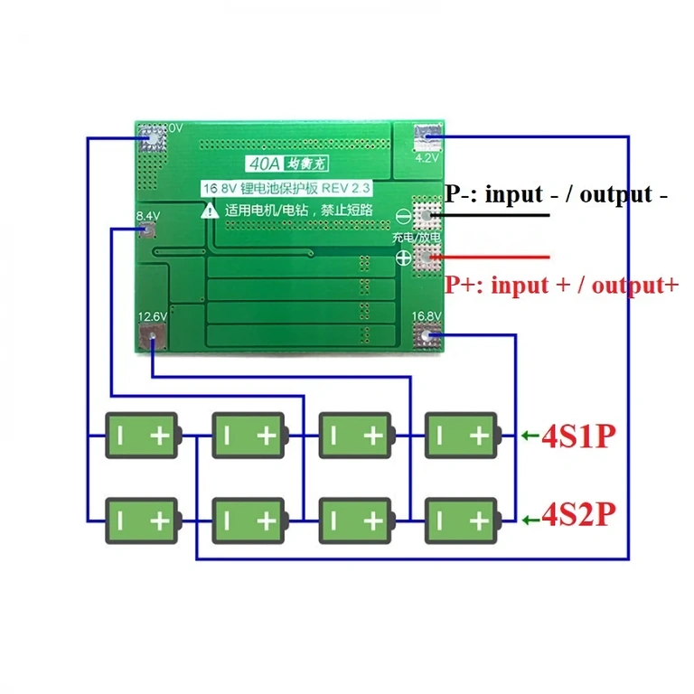 Schiță electrică de montaj pentru modul BMS 4S 40A baterii Li-ion
