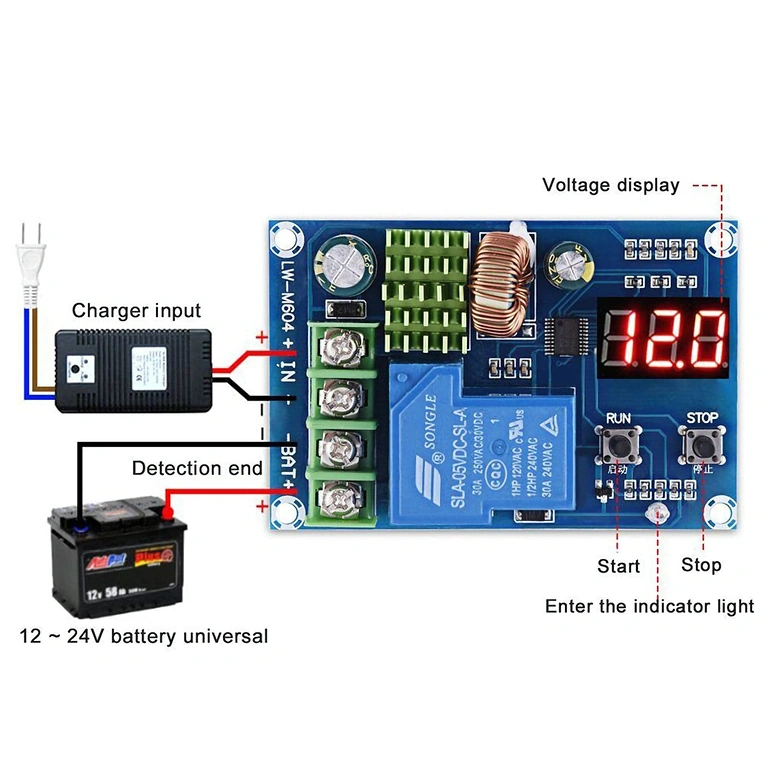 Diagramă de conectare a modulelor XH-M604 la baterii și panouri solare