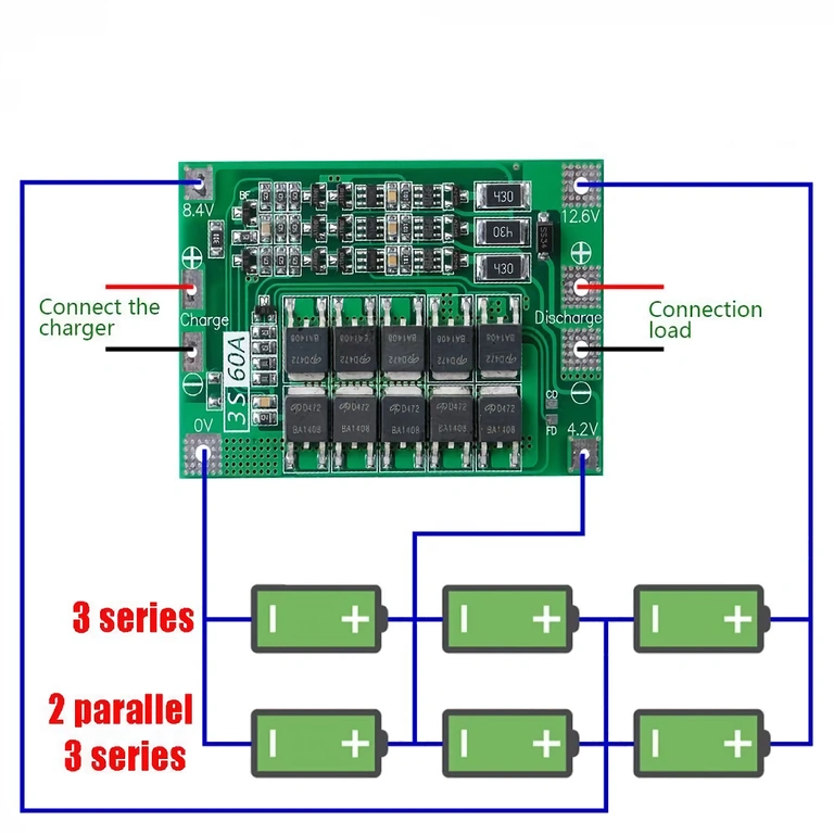 Diagramă conexiuni pentru modul de protecție BMS 3S 60A – legături baterii, ieșiri și echilibrare celule