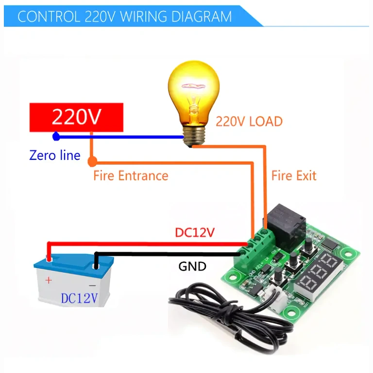Diagrama completă pentru conectarea termostatului W1209 la rețea electrică 220V