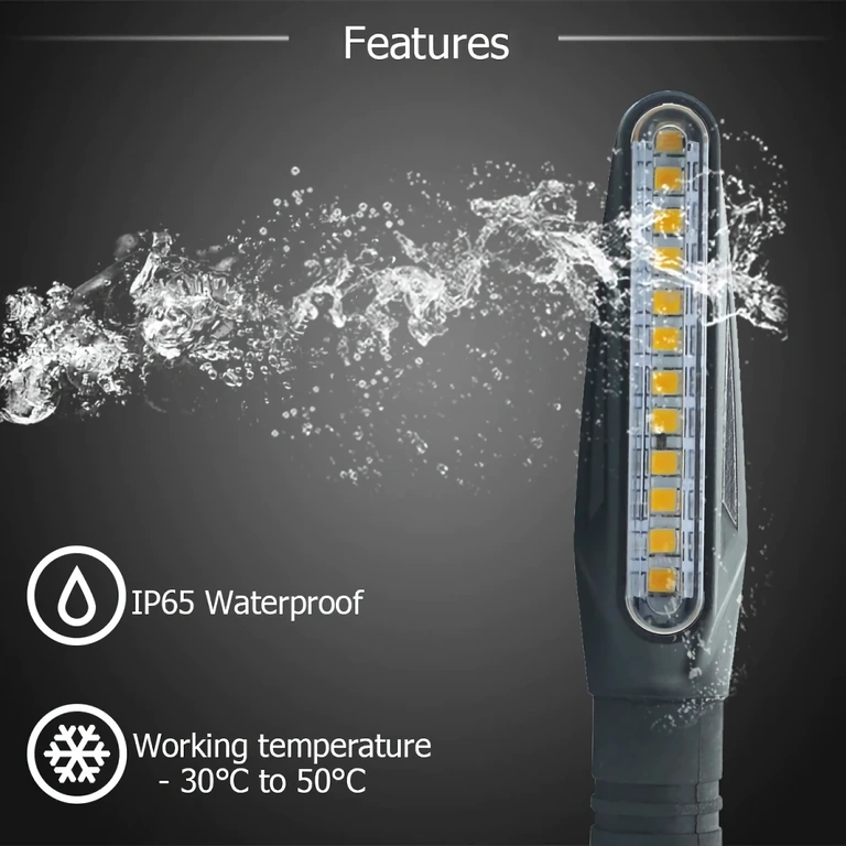 Semnalizare LED cu efect dinamic și design modern pentru moto