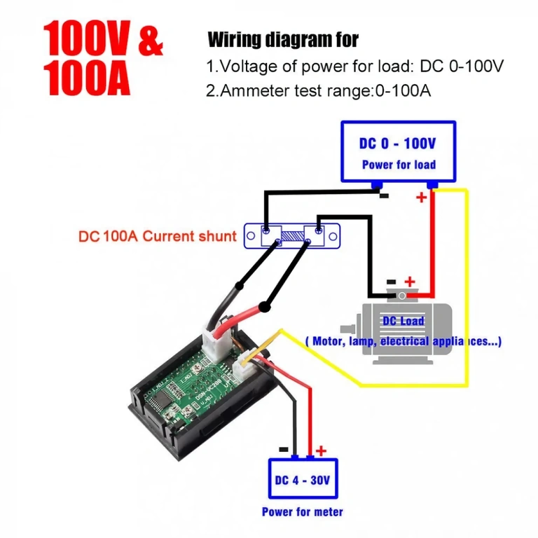 Schema montaj voltmetru/ampermetru pentru alimentare până la 100V DC Diagramă conexiuni pentru tensiune mare (până la 100V) a voltmetrului digital