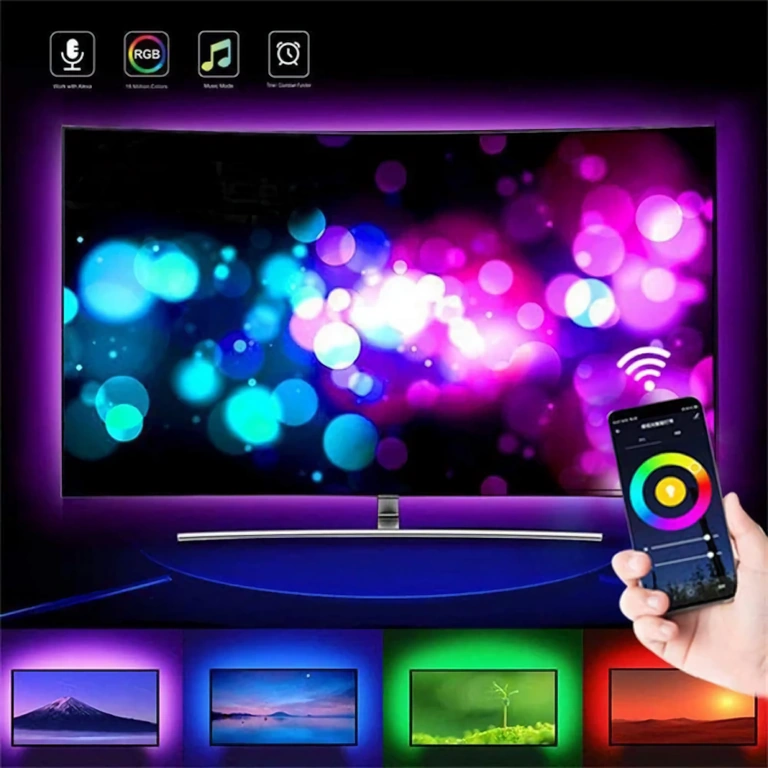 Bandă LED 10m RGB cu efecte controlate de aplicație și reacție la muzică