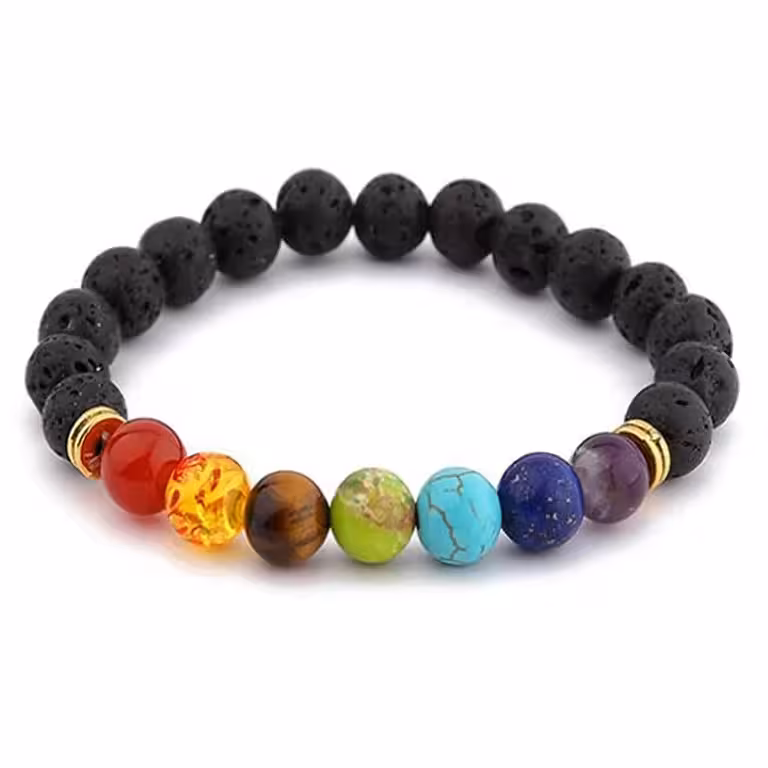 Brățară Rocă Vulcanică Naturala cu 7 Chakra – Agat, Ametist, Chihlimbar, Lapis Lazuli, Ochi de Tigru