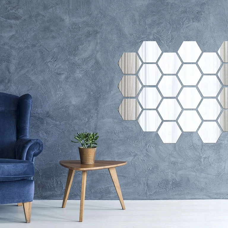 Oglinzi autoadezive argintii în formă de hexagon pentru decor perete