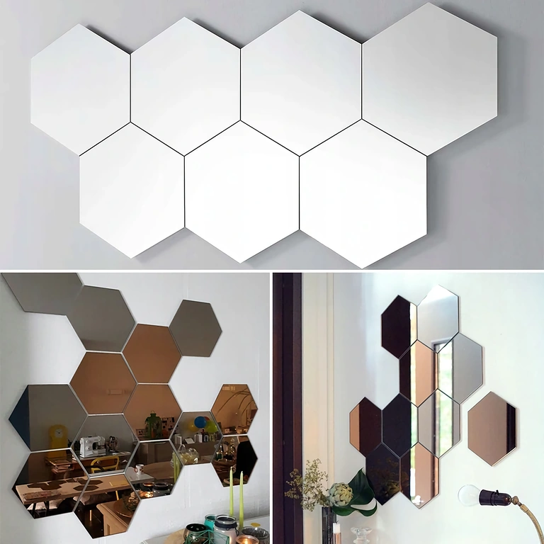 Sticker oglindă hexagon pentru perete – efect decorativ elegant