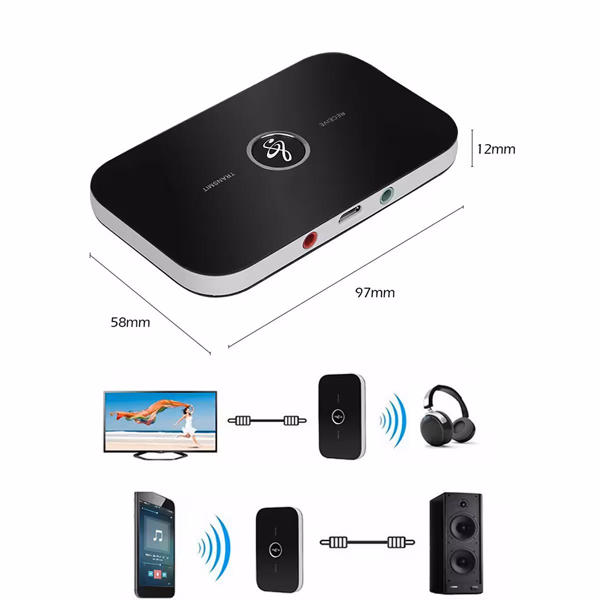 Dispozitiv Bluetooth universal cu ieșiri RCA și jack 3.5 mm pentru audio wireless