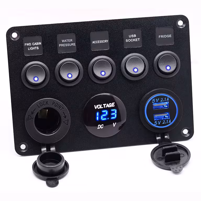 Panou Comutator Auto 5 Butoane ON/OFF cu Voltmetru, Priză și Încărcător USB – 12V/24V, Rezistent IP65