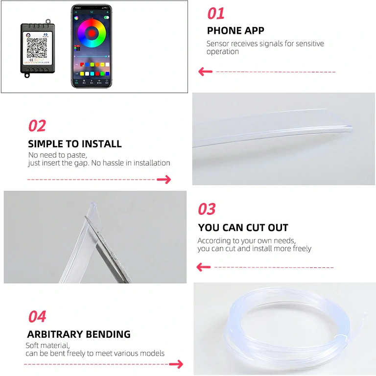 Fir neon flexibil RGB pentru decor auto