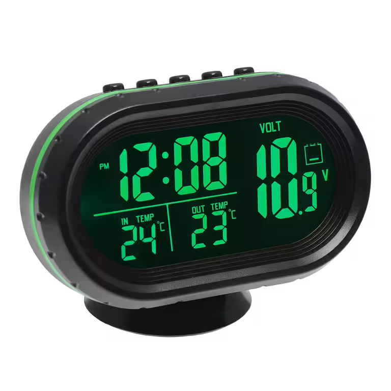 Ceas auto cu voltmetru și termometru digital – interior/exterior, cu sondă, 12V/24V