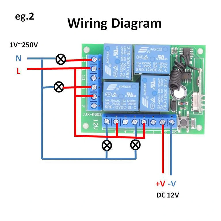 Diagramă cablaj releu 4 canale 12V Schema de montaj pentru releu cu 4 canale 12V