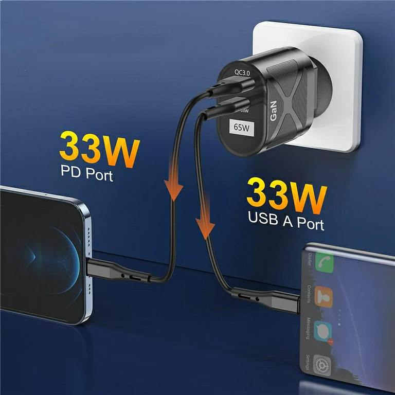 Încărcător GaN compact cu port USB-C și USB-A, ideal pentru călătorii