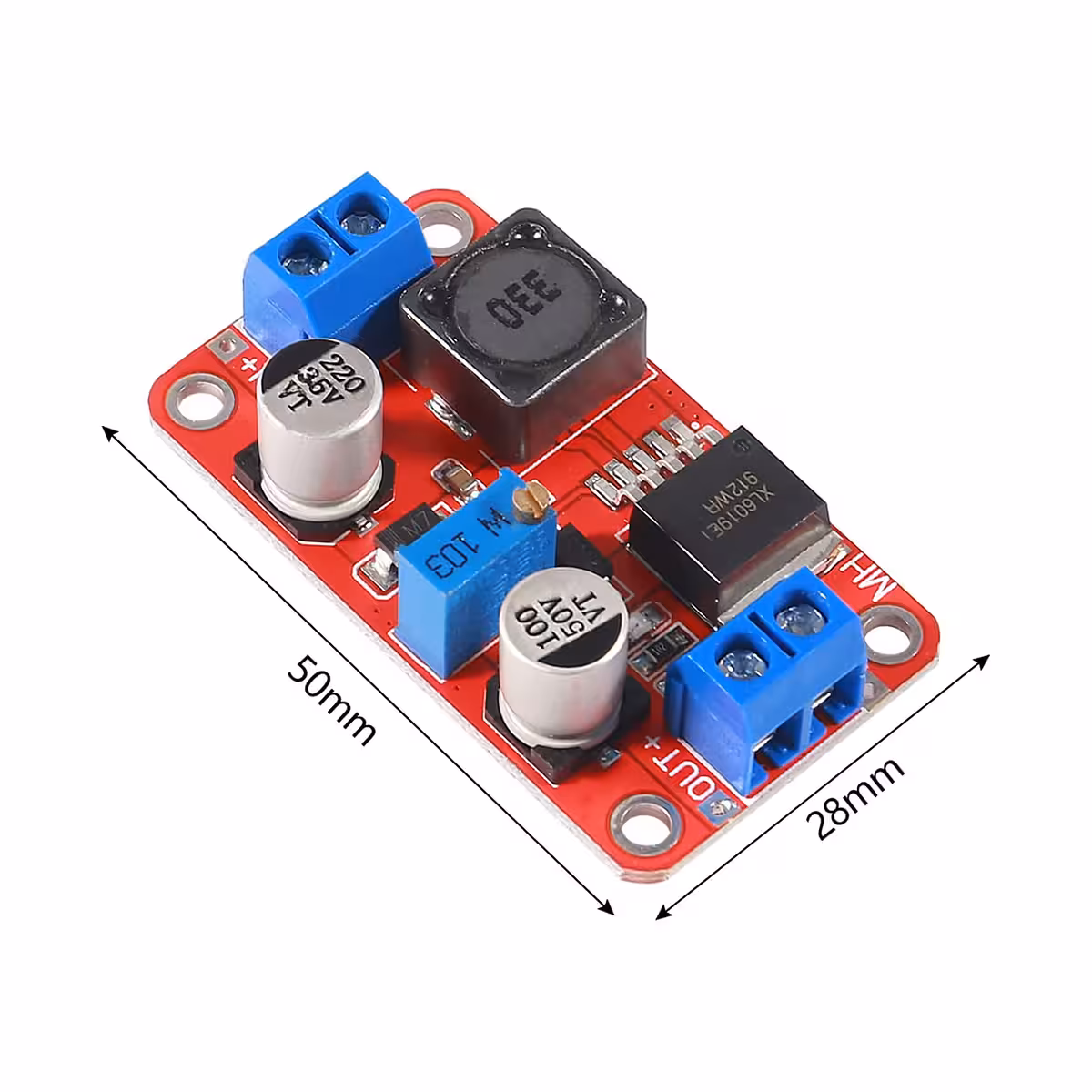 Modul XL6019 DC-DC Boost Converter cu dimensiuni clare