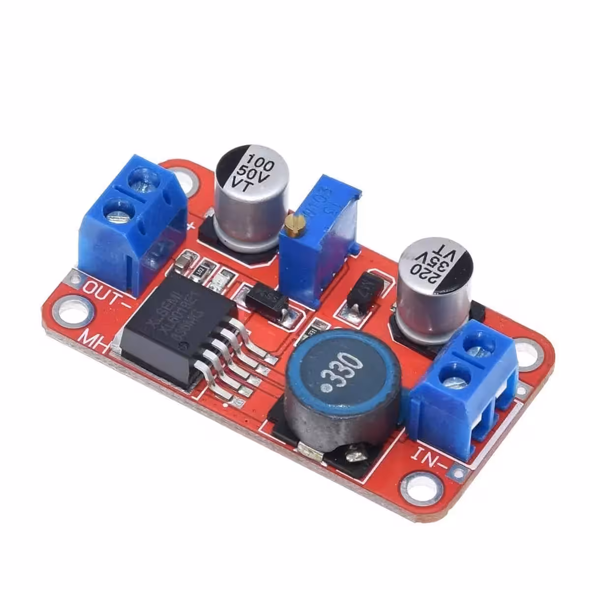 Vedere detaliată a componentelor interne ale modulului XL6019, inclusiv MOSFET-urile și circuitul de control