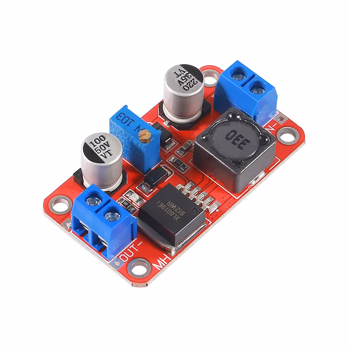Modul XL6019 DC-DC Boost Converter văzut din lateral, oferind o altă perspectivă asupra dimensiunilor și structurii