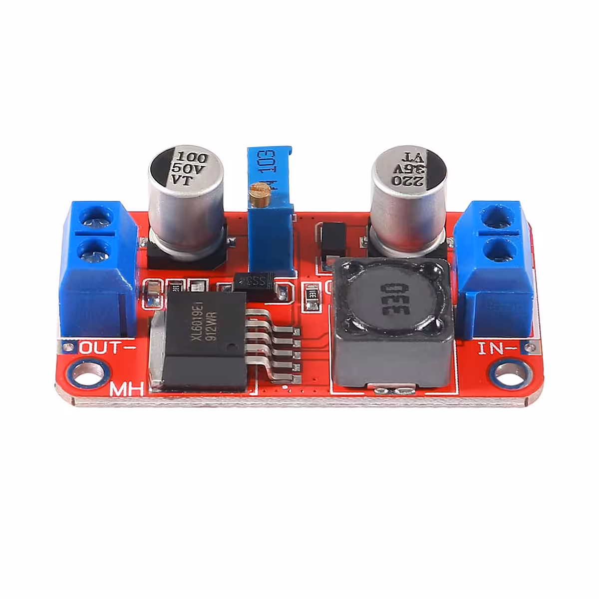 Vedere laterală a modulului XL6019, pentru a observa dimensiunile și structura acestuia