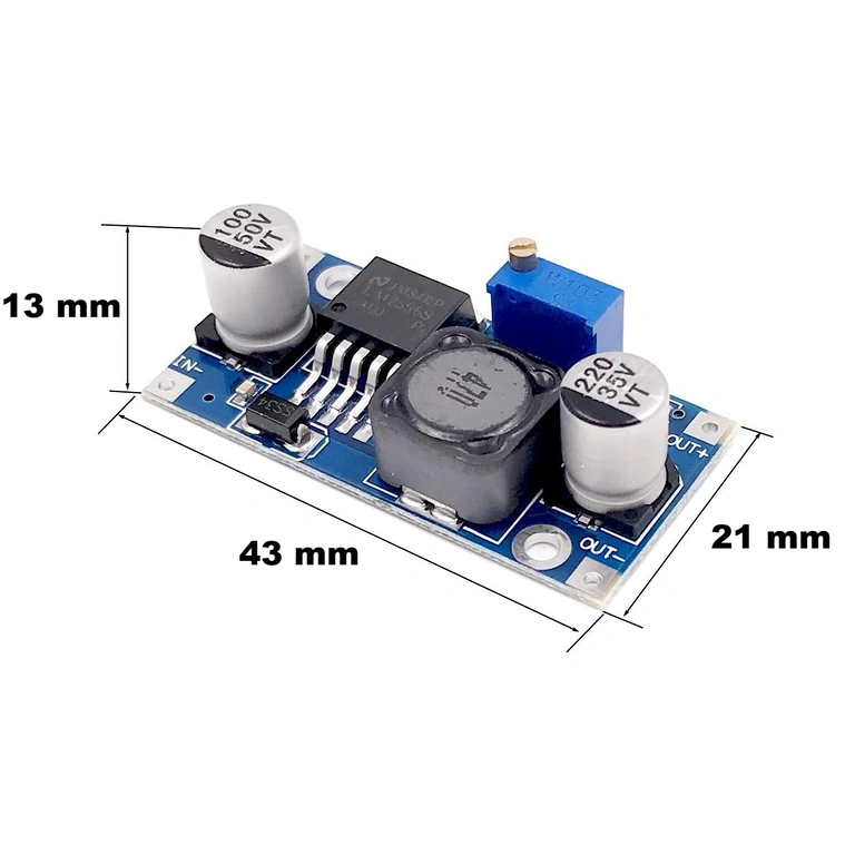Dimensiunile modulului buck converter LM2596S 3A: 43mm lungime, 21mm lățime, 14mm înălțime