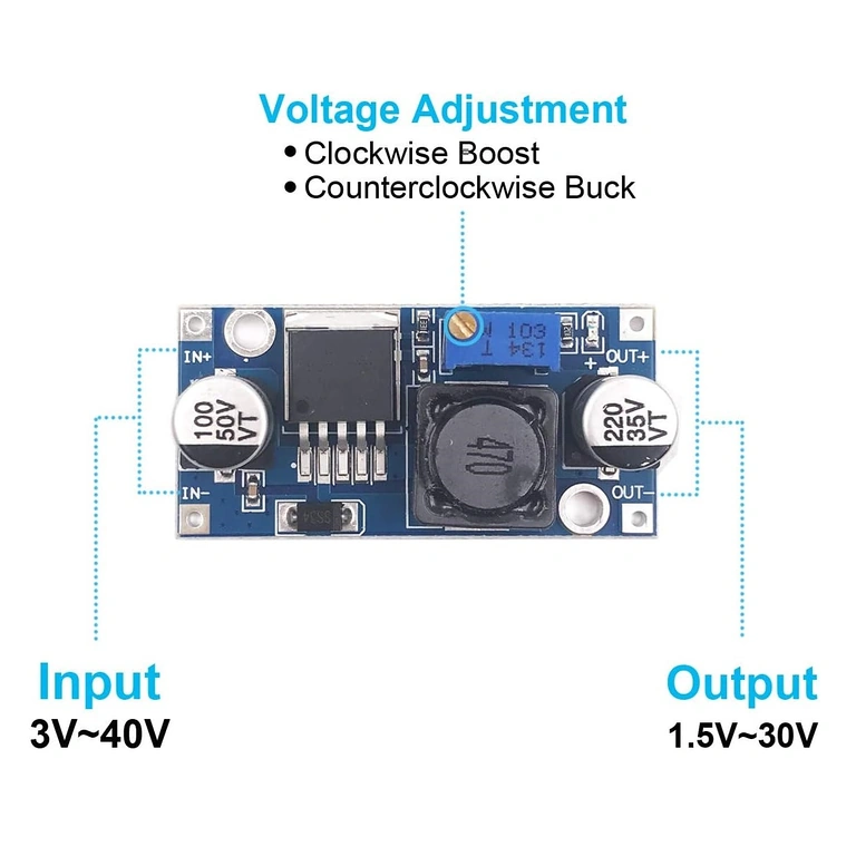 Diagramă conectare modul LM2596S DC-DC step-down cu reglaj tensiune 1.25–35V