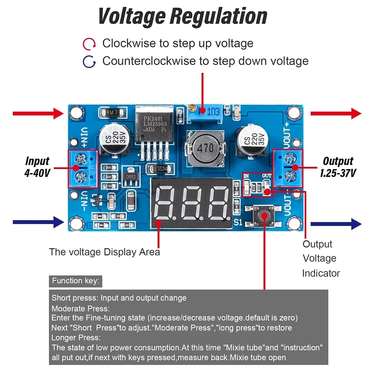 Exemplu conectare sursă și ieșire pe modulul LM2596