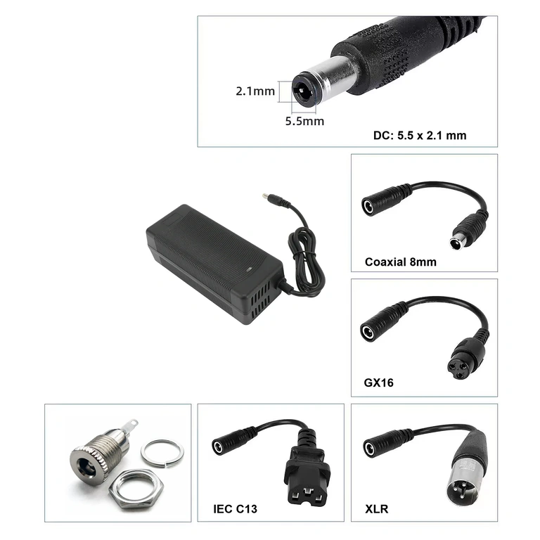 Încărcător cu mufă DC 5.5×2.1 mm Încărcător 36V–42V 3A cu conector DC 5.5×2.1 mm, compatibil trotinete și biciclete electrice