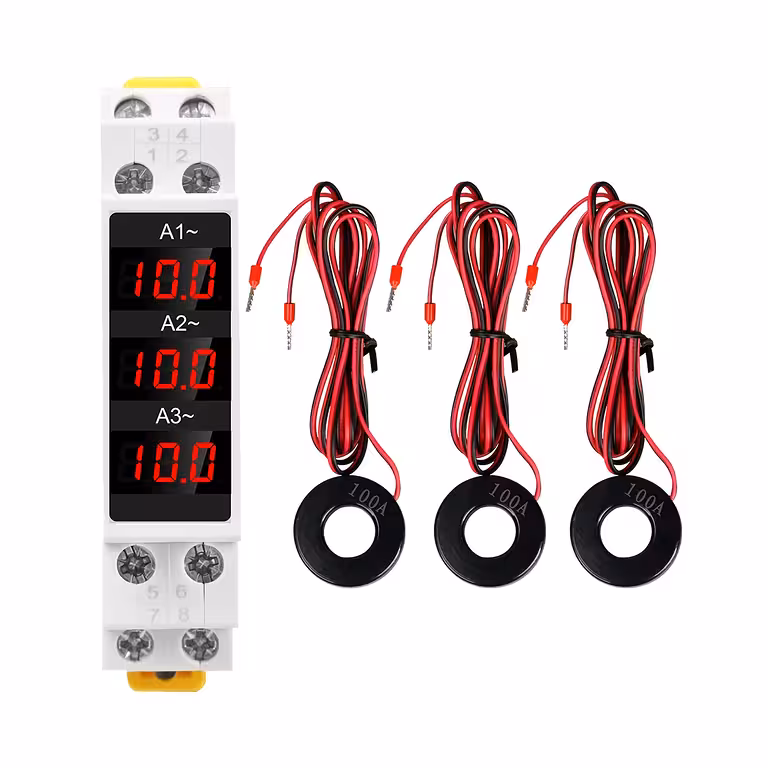 Ampermetru Digital Trifazat pentru Tablou Electric – Măsurare Curent 1-100A, Montaj pe Șină DIN