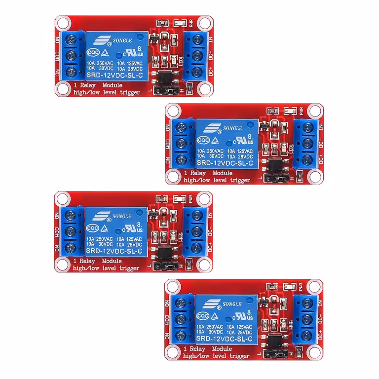 Set 4 bucăți: Releu de comandă 5V / 12V cu Optocuplor – Modul 1 Canal, NC/NO, Trigger High/Low, 10A