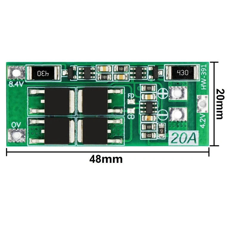 Imagine cu dimensiunile exacte ale modulului BMS 2S 20A 7.4V, utilă pentru verificarea compatibilității în proiecte.