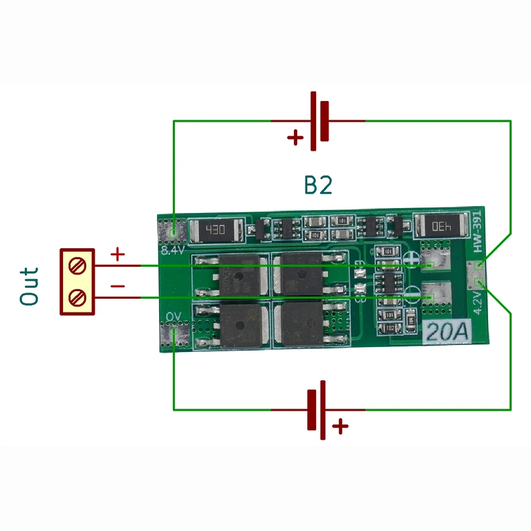 Diagramă electrică pentru modul BMS 2S 20A cu balansare, utilă pentru instalare corectă în pachete Li-ion.