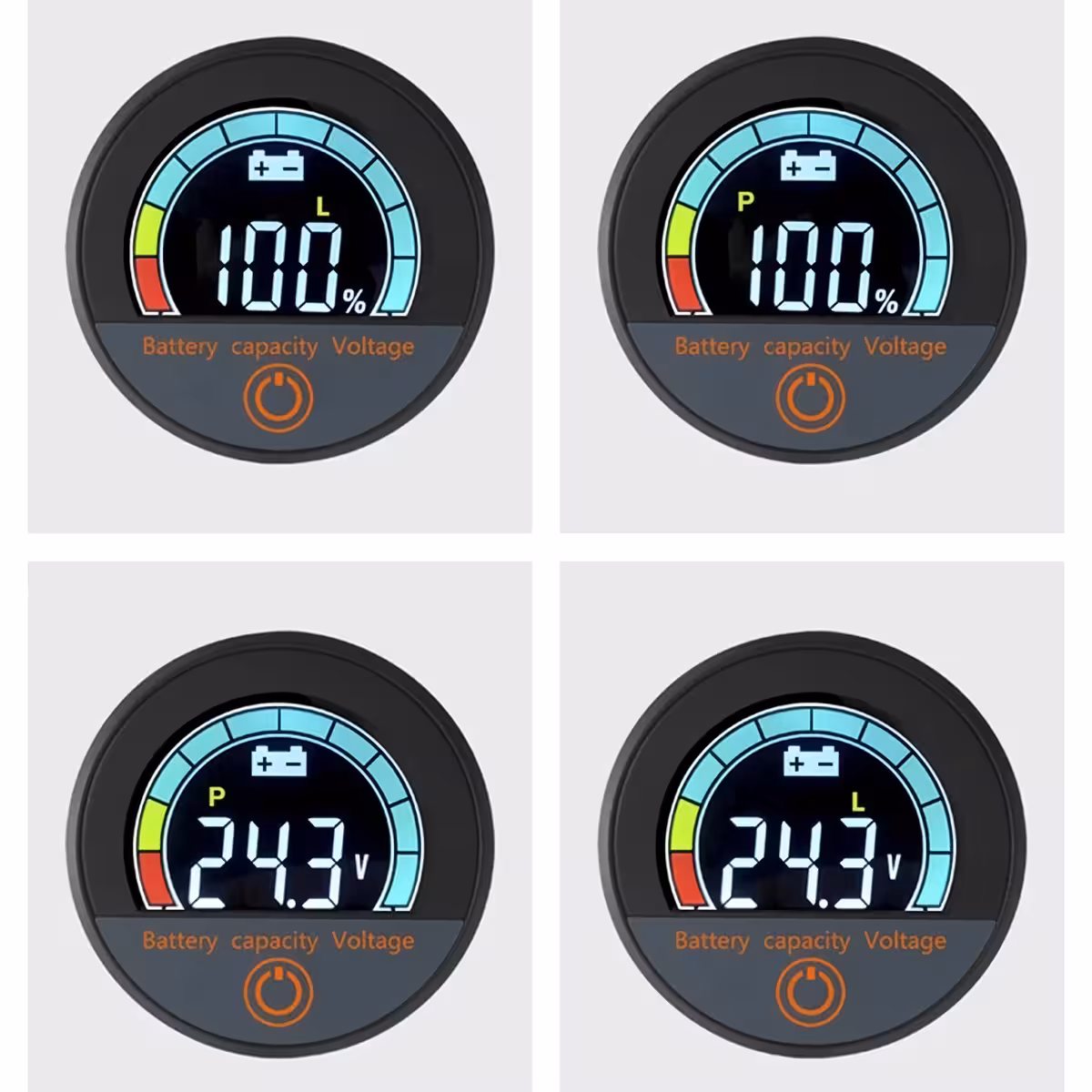 Prim-plan al ecranului LCD color al indicatorului digital, afișaj tensiune și procentaj baterie, Li-ion și LiFePO4 12V–72V