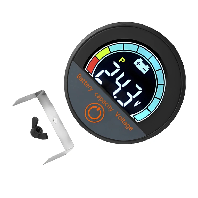 Vedere frontală a modulului digital cu afișaj procentaj baterie și voltmetru, Li-ion și LiFePO4, 12V–72V, pentru bicicletă, trotinetă și scuter electric