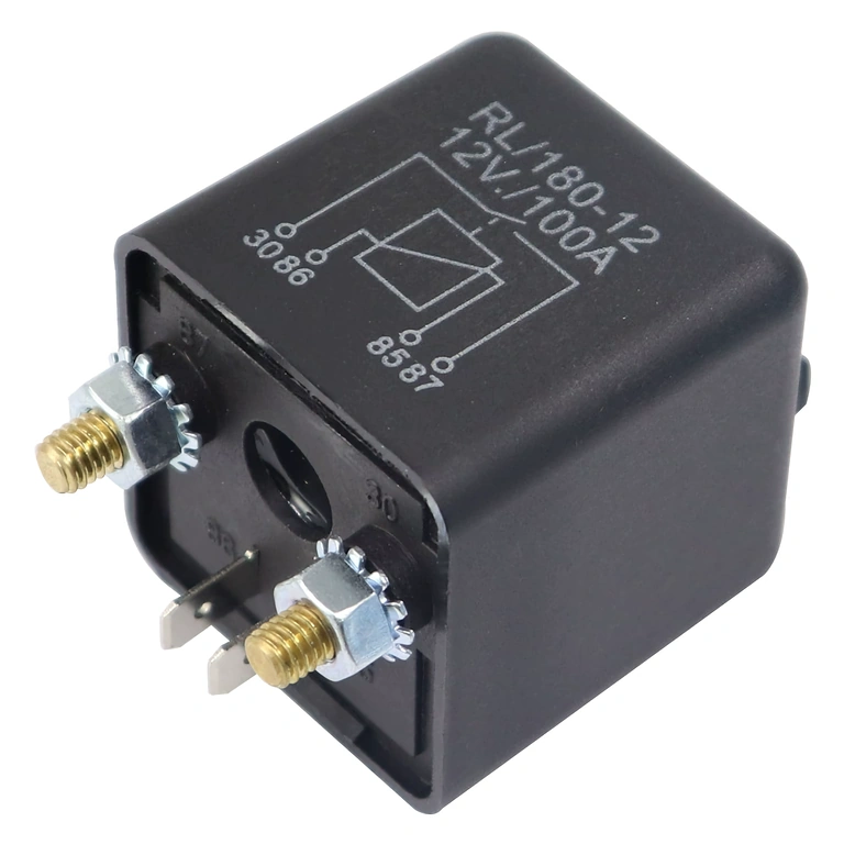 Releu auto 12V 100A, vedere laterală a carcasei compacte