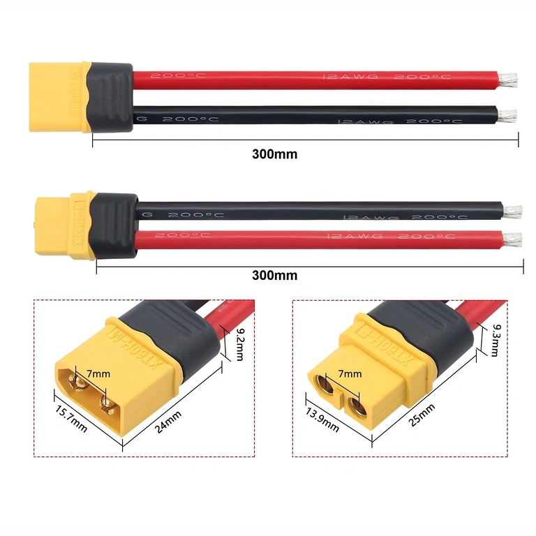 Schiță cu dimensiunile conectorului XT60 mamă și tată