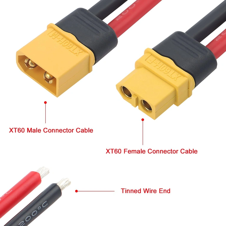 Vedere de sus a perechii XT60 cu cablu gros 12AWG, aranjament clar pentru montaj