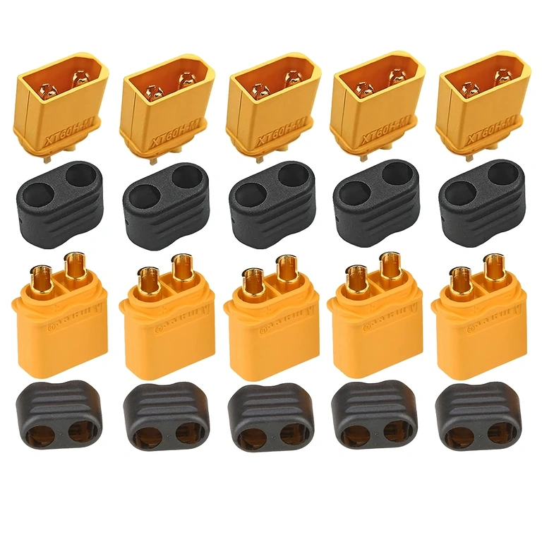 Vedere de sus a setului de 5 conectori XT60H, arătând contactele aurite