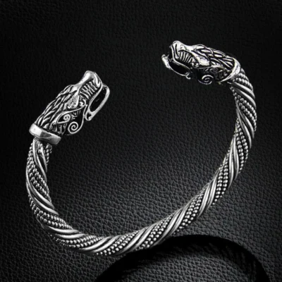 Brățară Vikingă cu Cap de Lup – Model Gothic Inspirat din Serialul Vikings pentru Bărbați - imagine 2